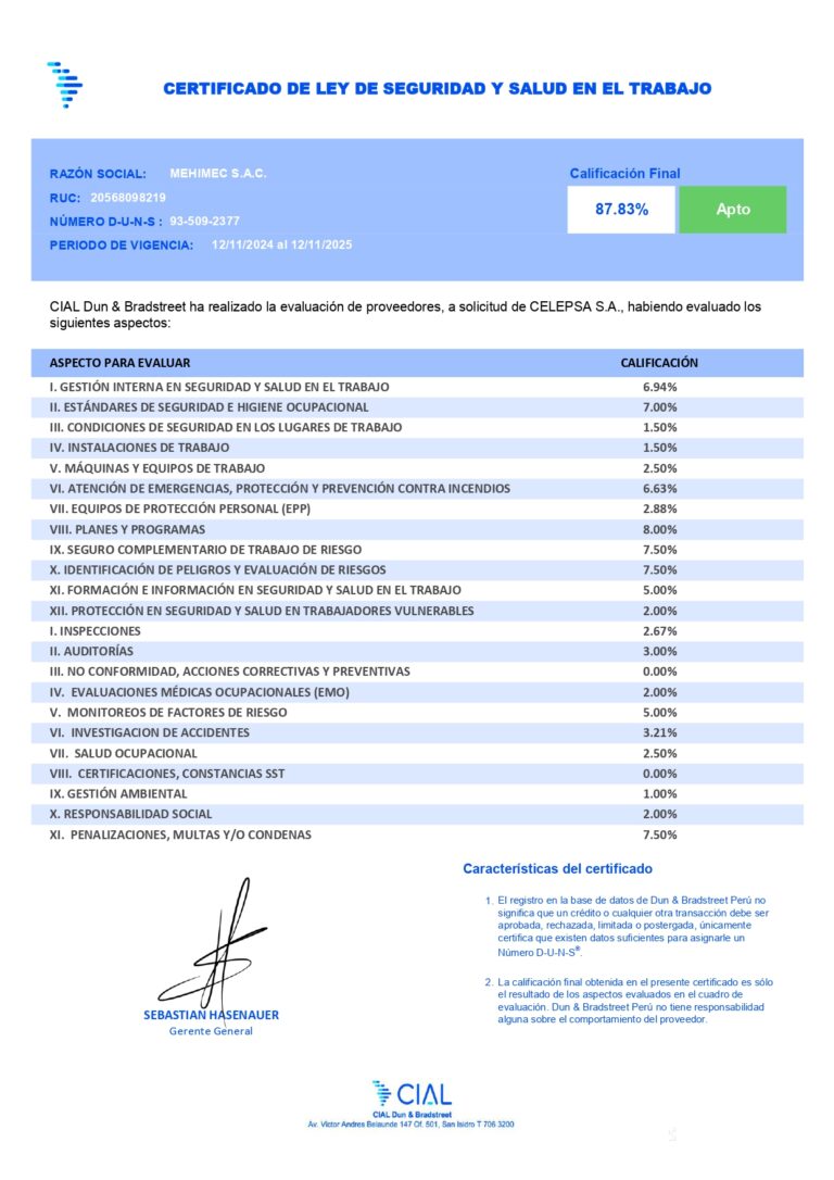 CERTIFICADO - MEHIMEC S.A.C