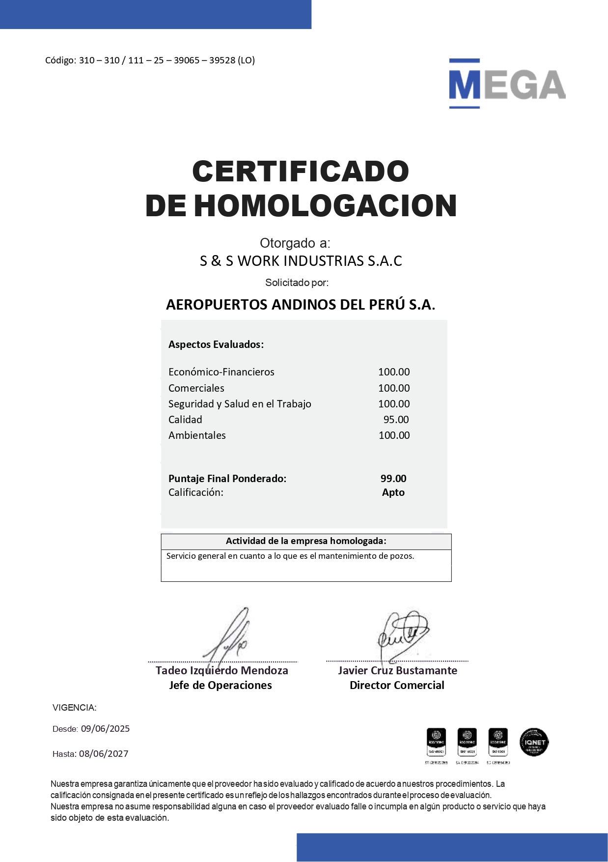Certificado LEV. S & S WORK INDUSTRIAS S.A